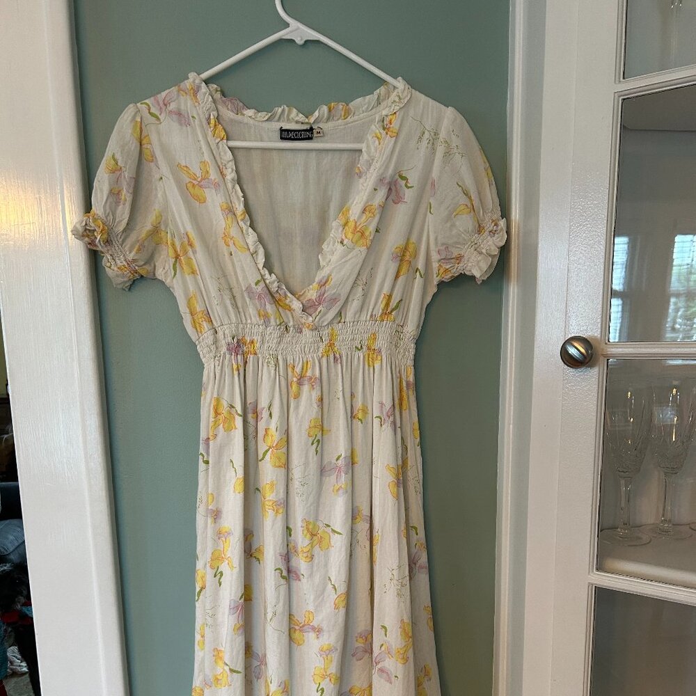 Leluxe Heirloom 1930's Vintage Smocked Daffodil Print Voile Dress M